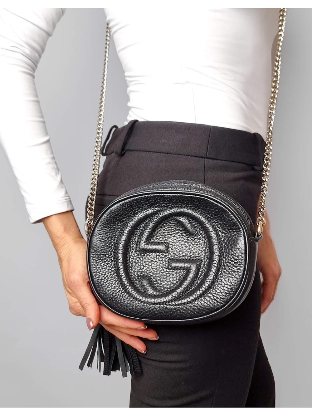 Gucci Black Leather Disco Crossbody with Gold Chain and Tassel